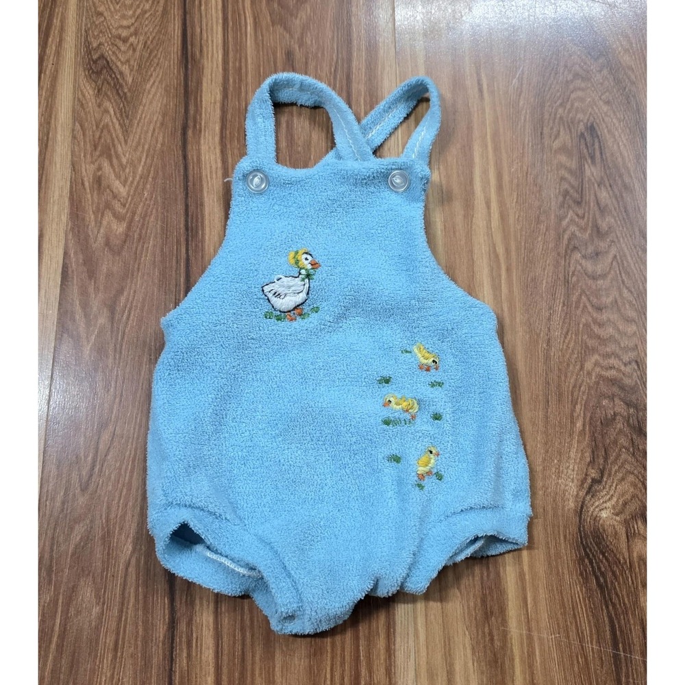 Vtg Toddletime Romper Boys 0-3M Blue Terry Duckling Farm Snap Crotch USA
